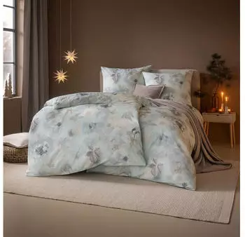 Estella Kuschelflanell Bettwäsche Winter Leaves 135x200 cm (80x80 cm) eisblau-beige (531915)