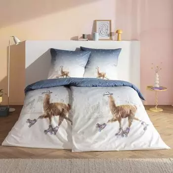 Estella Mako-Satin Bettw&auml;sche City Lama 135x200 cm (80x80 cm) blau (534230)