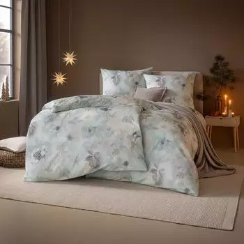 Estella Kuschelflanell Bettwäsche Winter Leaves 155x220 cm (80x80 cm) eisblau-beige (531916)
