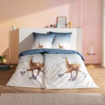 Estella Mako-Satin Bettwäsche City Lama 155x220 cm (80x80 cm) blau (534231)