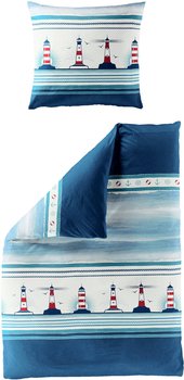 Bierbaum Seersucker Bettw&auml;sche 80x80+135x220 cm Leuchtturm blau