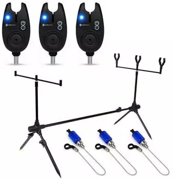 X2 Eurocatch Rod Pod Set mit 3 Bissanzeigern & 3 Swingern, schwarz, blaue LEDs (SET3244)