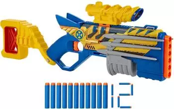 Nerf Marvel Wolverine Blaster, Fernrohr, Schulterstütze für 6 Darts, Pump-Action, 12 Elite Darts (HAS-G3356)