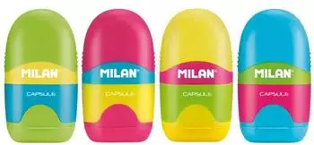 MILAN Display Cube Capsule Mix Radiergummis mit Anspitzer, 24 Stk., Mehrfarbig (4709624)