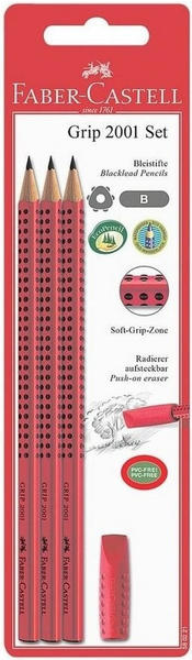 Faber-Castell Bleistift Grip 2001 B 3x + Eraser Cap rot (580221)