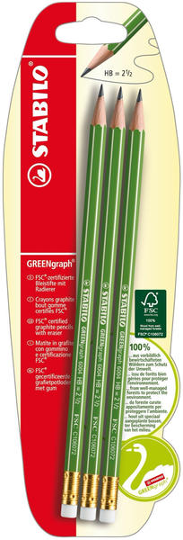 STABILO Umweltfreundlicher Bleistift mit Radiergummi GREENgraph HB 3er Pack (B-36606-10)