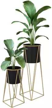 ML-Design Pflanzenständer Stahl 21,8x22x47cm 25x25x71cm schwarz-gold 2er-Set (490011935)