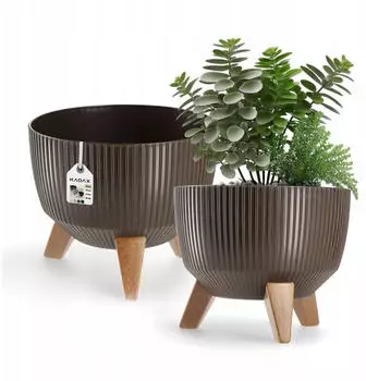 Kadax Blumentopf aus Kunststoff mit 3 Steckstützen, rund, 24cm, Braun