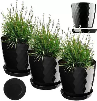 Kadax Blumentopf aus Kunststoff mit Untersetzer, Schwarz, 16cm, 3er-Set