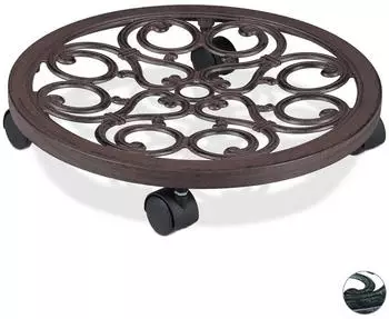 Relaxdays Pflanzenroller rund, 4 Rollen, antik braun, 2er-Set