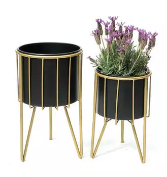 DanDiBo Blumenhocker mit Topf Metall Gold/Schwarz Rund 2er Set (96039)