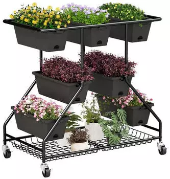 Costway Blumentreppe mit 7 Pflanzk&auml;sten, 2 K&ouml;rben & Rollen, 100x56x99cm, Schwarz