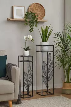 Moebel Direkt Online Blumenst&auml;nder 2er-Set Metall Bl&auml;ttermotiv Schwarz/Gold