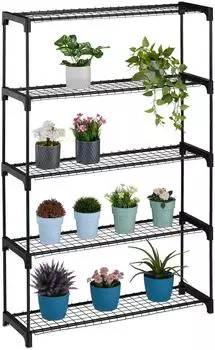 Relaxdays Blumenregal Metall 5 Ebenen, 91x140x28cm, schwarz