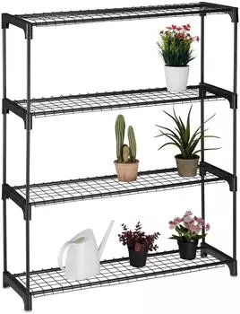Relaxdays Pflanzenregal 4 Ablagen Metall/Kunststoff, Schwarz, 91x106x28cm