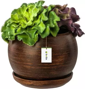 Botle Blumentopf Kugel mit Untersetzer, Keramik, dunkles Holz, matt, Ø110×100mm