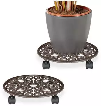 Relaxdays Pflanzenroller 2er Set, rund, Gusseisen, 7,5x34cm, braun (10050809_93)
