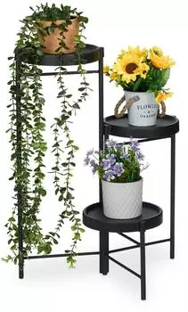 Relaxdays Pflanzentreppe 3 Ablagen Metall 65x44x44cm, schwarz (10050757_46)