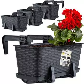 Kadax Balkonkasten mit Untersetzer & Halterung, Rattan, Anthrazit, 40cm, 4er-Set (K8198)
