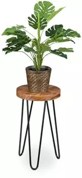 Relaxdays Blumenhocker Akazie und Metall, Retro-Design, dunkelbraun/schwarz