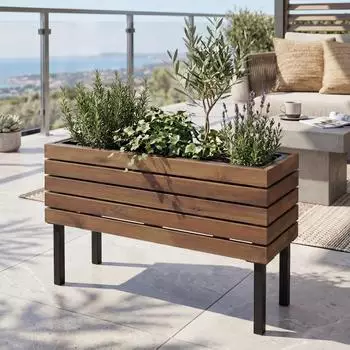 Mendler Pflanzkasten HWC-P84 Outdoor Stahl/Akazie 36x62x22cm braun (120453)