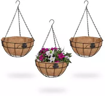 Relaxdays Blumenampel 3er-Set, Metall und Kokos, 31x48x31cm