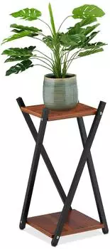 Relaxdays Blumenst&auml;nder 2 Etagen Holzoptik, Metall/MDF, schwarz/dunkelbraun (10038783_746)