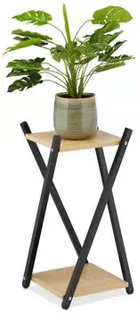 Relaxdays Blumenst&auml;nder 2 Etagen Holzoptik, Metall/MDF, schwarz/hellbraun (10038783_137)