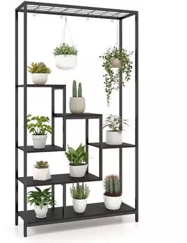Costway Pflanzenständer 6 Etagen, 180cm, Metall, schwarz (mit S-Haken & Gitterablage)