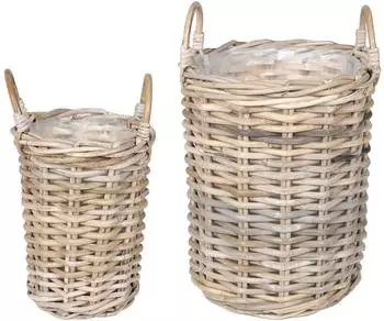 vidaXL Blumentopfkorb mit Speicher, Kubu-Rattan, nat&uuml;rliches grau, 2er-Set (42020957)