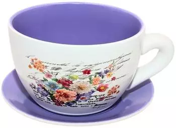 Dekohelden24 Übertopf Tasse mit Griff, Keramik, Lilienmotiv, 20x15x12cm (W-10043004)