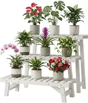 Relaxdays Blumenständer 3er-Set, Tannenholz, weiß, 19,5/33/49cm