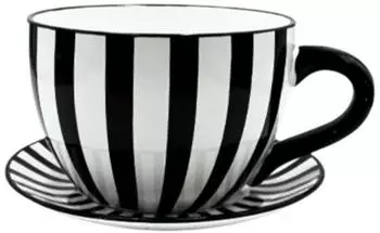 Dekohelden24 Übertopf als Tasse mit Griff, Keramik, schwarz-weiß gestreift, 25x23x14cm (W-10043017)