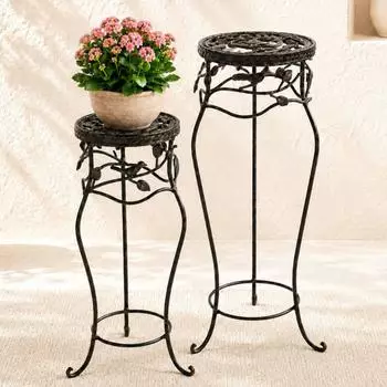 DanDiBo Blumenhocker Metall schwarz/braun antik rund 2er Set 65cm/78cm (18215)