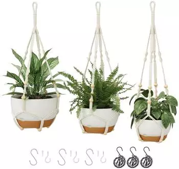 LuxusKollektion Makramee Blumenampeln 3er-Set mit Selbstbew&auml;sserung, wei&szlig;, 28/23/20cm