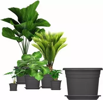 BigDean Blumentopf mit Untersetzer, rund, Kunststoff, anthrazit, 5er-Set, &Oslash;25cm (758351)