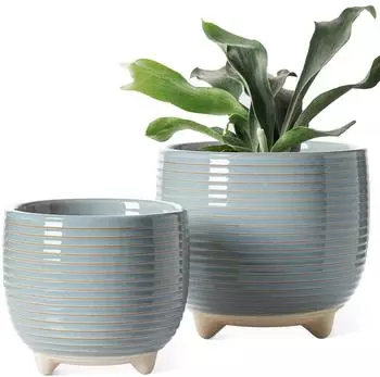 LuxusKollektion Blumentopf-Set 2er Keramik mit F&uuml;&szlig;en, blau-grau, 12+16cm