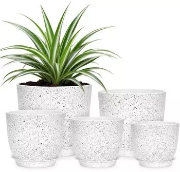 LuxusKollektion Blument&ouml;pfe mit Untersetzer 5er Set, Kunststoff, wei&szlig; mit Sprenkeln, 11,5-17,8cm