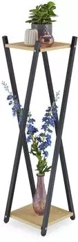 Relaxdays Blumenst&auml;nder 2 Etagen, Metall/Holzwerkstoff, schwarz/hellbraun, 99cm