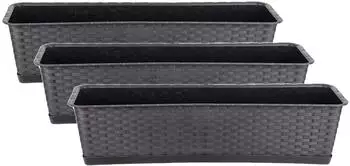 BigDean Blumenkasten mit Untersetzer 3er Set, 70cm, Rattan-Optik, anthrazit (794953)