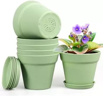 LuxusKollektion Blumentopf mit Untersetzer 6er-Set, Kunststoff, gr&uuml;n, 15,2cm