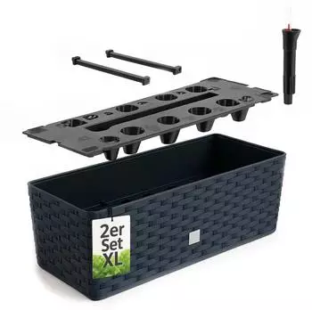 BigDean Blumenkasten mit Wasserspeicher Rattanoptik anthrazit 51x18x18cm (2er-Set)
