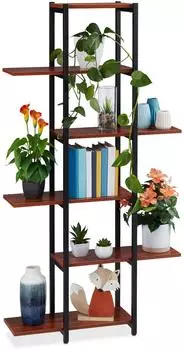 Relaxdays Pflanzentreppe 6 Ablagen, Stahl & MDF, schwarz/dunkelbraun, 78x150x24cm (10038809)