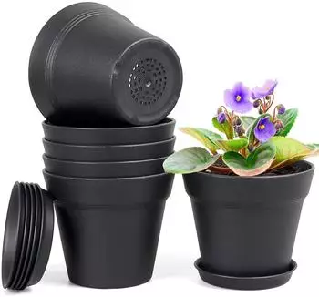 LuxusKollektion Blument&ouml;pfe mit Untersetzer 6er-Set, Kunststoff, schwarz, 15,2cm
