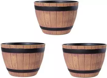 Jinfa Pflanzk&uuml;bel Weinfassoptik Kunststoff walnuss, 3er-Set &Oslash;38cm (HDFG-052-C-3PCS)