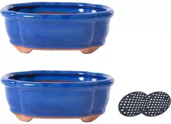 Jinfa Bonsai-Schalen 2er-Set, Keramik oval blau glasiert (BPOBL16W12-2S)