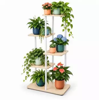 Relaxdays Pflanzentreppe 5 Ebenen, Holzwerkstoff & Metall, 58x107x58cm