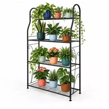 Relaxdays Pflanzenregal 4 Ablagen, Metall, schwarz (71x114x24,5cm)