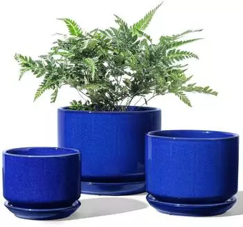 LuxusKollektion Keramik-Blument&ouml;pfe 3er-Set mit Untersetzer, saphirblau, 11+13+17cm