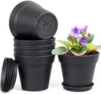 LuxusKollektion Blument&ouml;pfe mit Untersetzer 6er-Set, 12,5cm, Kunststoff, schwarz